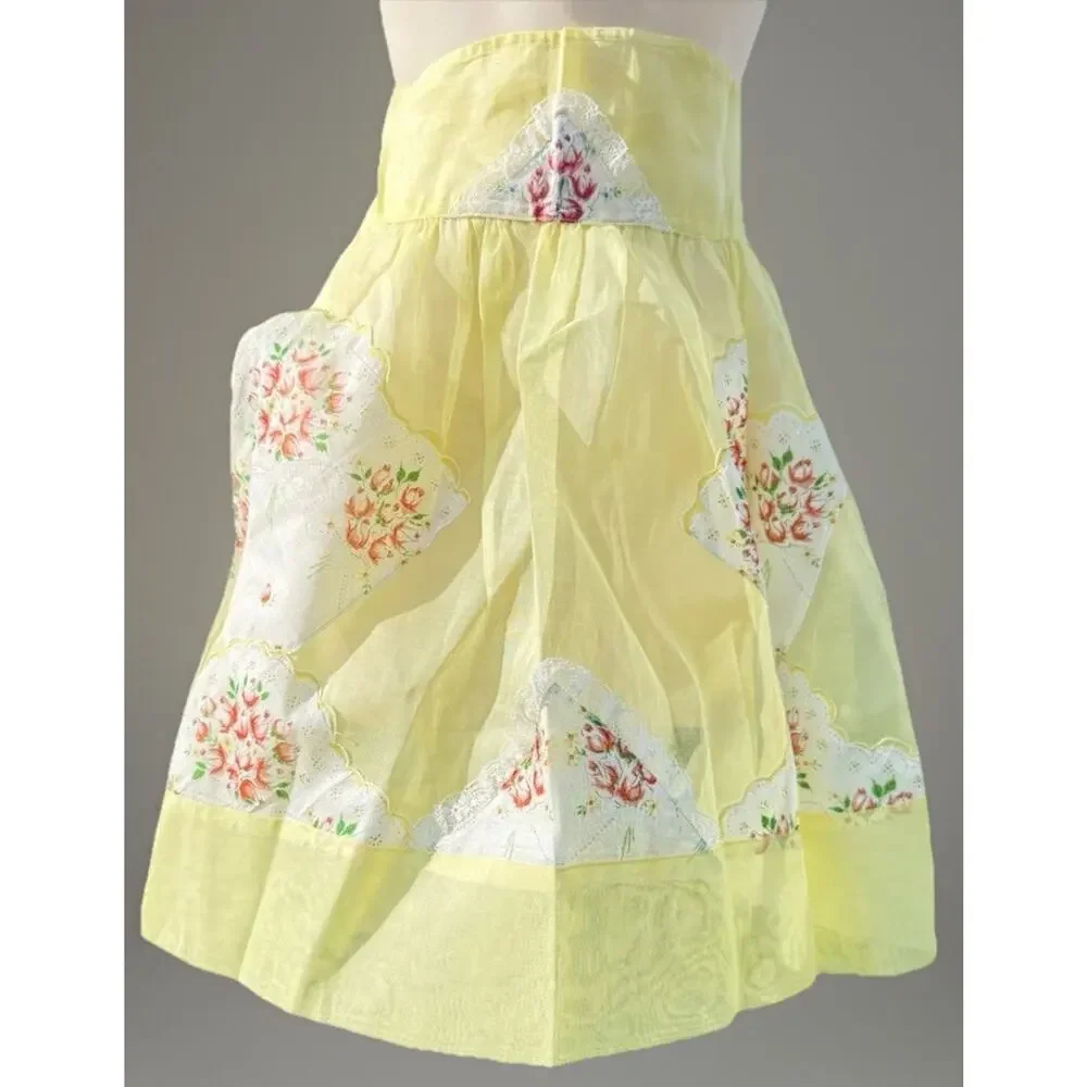 Vintage Floral Half Apron Pockets Sheer Yellow Lace Cottagecore Retro OS Patched